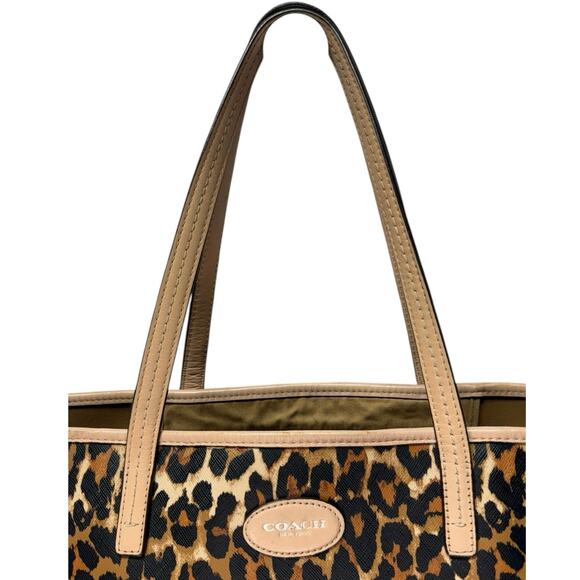 Coach Leopard Cheetah Animal Print City Tote Coated Canvas Leather Leather Trim - Picture 4 of 10